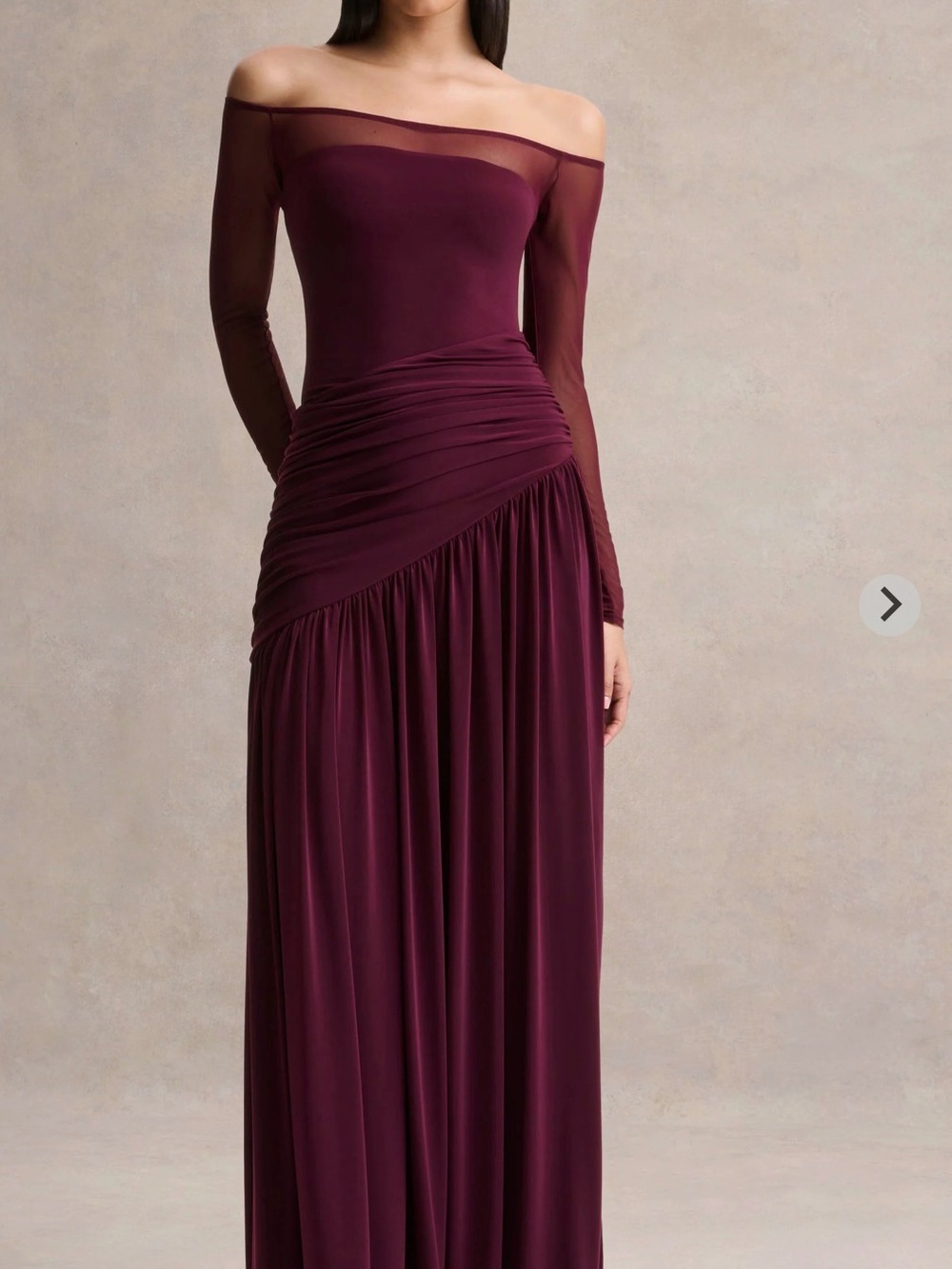Luminary Off-the-Shoulder Dark Plum Bardot - Neck Maxi Dress with Mesh Sleeves